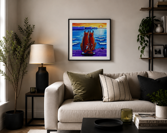 Foxes Watching Sunset Art Print – Irish Countryside Fox Artwork – Colourful Animal Wall Décor