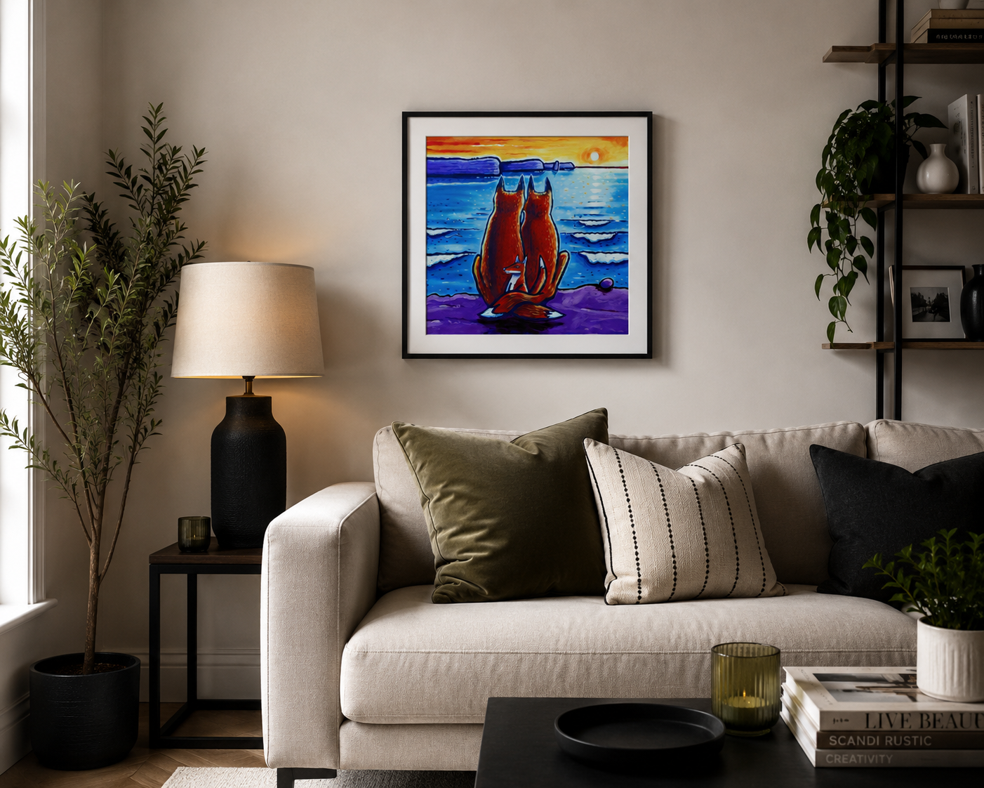 Foxes Watching Sunset Art Print – Irish Countryside Fox Artwork – Colourful Animal Wall Décor