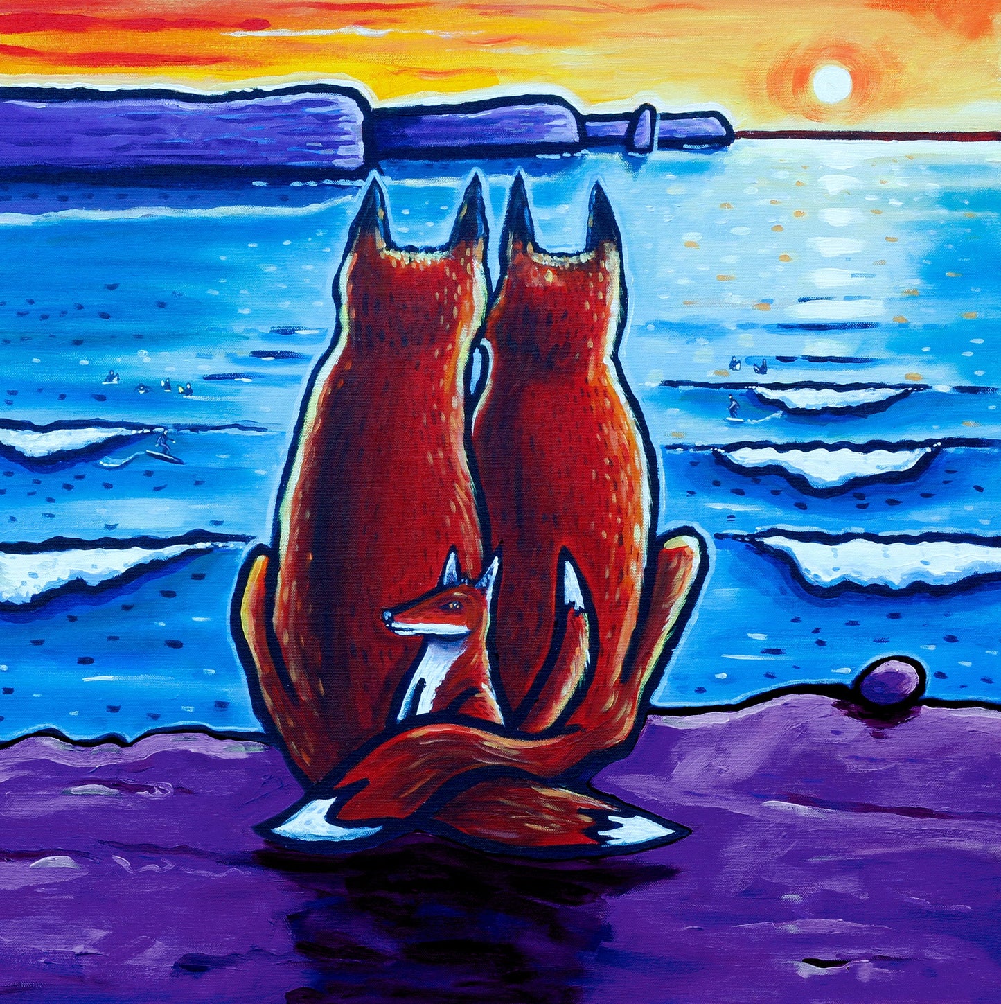 Foxes Watching Sunset Art Print – Irish Countryside Fox Artwork – Colourful Animal Wall Décor